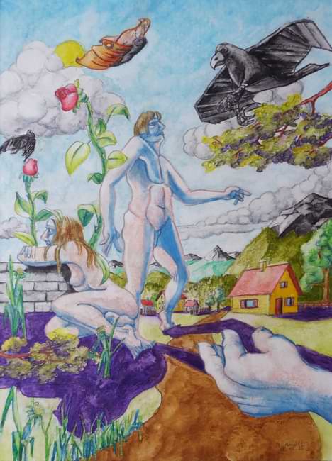 Der Eingriff ins Idyll (Aquarellstifte).