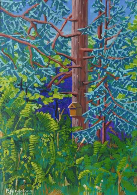 Vogelhäuschen im Wald (Gouache).