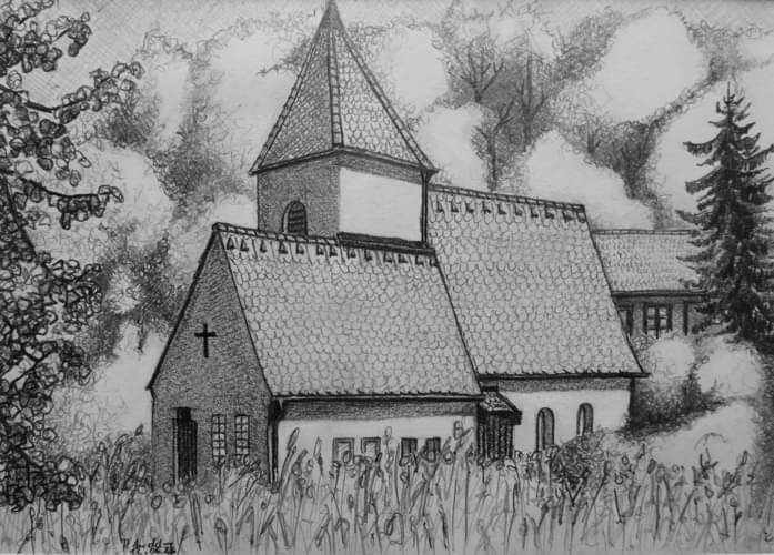 Kirche in Högen (Bleistiftzeichnung).